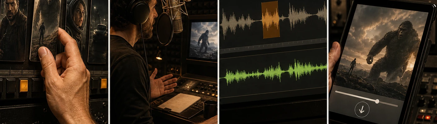 Four photographic panels showing a player choose a scene, record a line, compare waveforms, and export the finished dub