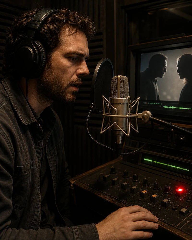 Voice performer recording into a studio microphone while a scene and green waveform appear on a monitor