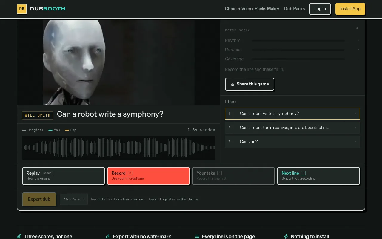 The stage with a scene loaded: the line, the waveform, Replay and Record