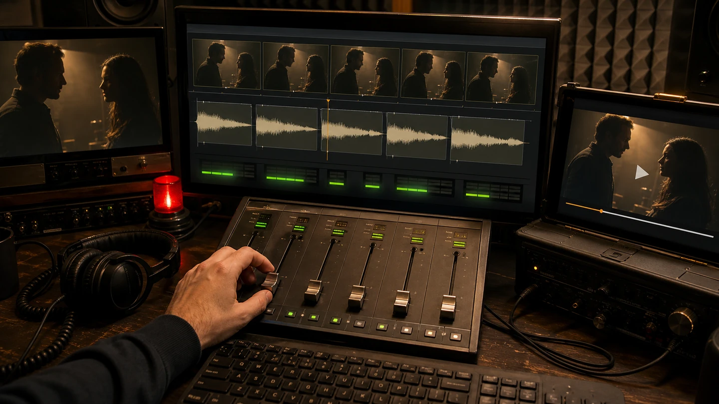 A studio workbench turning a scene into timed dialogue clips and voice waveforms before loading it as a playable pack
