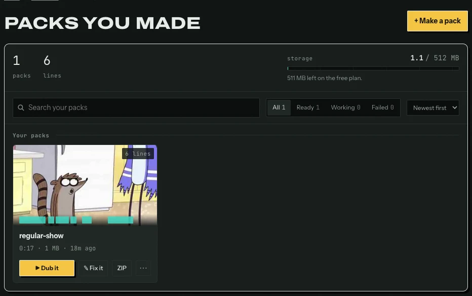 A private pack library showing storage used, search and filters, and one finished dub pack with its download buttons