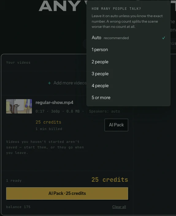 The speakers setting on a queued video: auto recommended, or one to five-plus people, chosen before the run