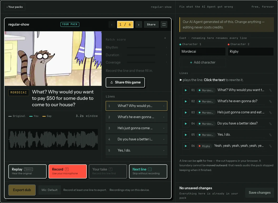 A pack that came out of the pack maker: six timed lines and a two-character cast beside the editor